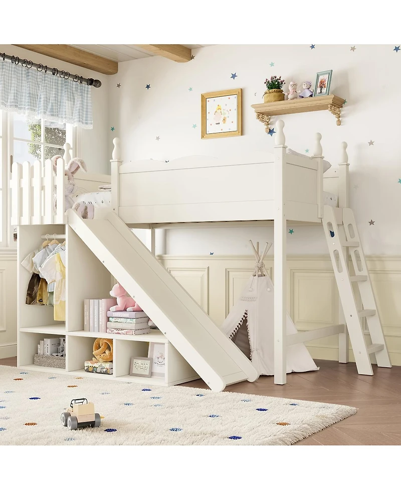 Streamdale Furniture Twin Loft Bed with Storage, Wardrobe, Slide, and Ladders, Solid Wood