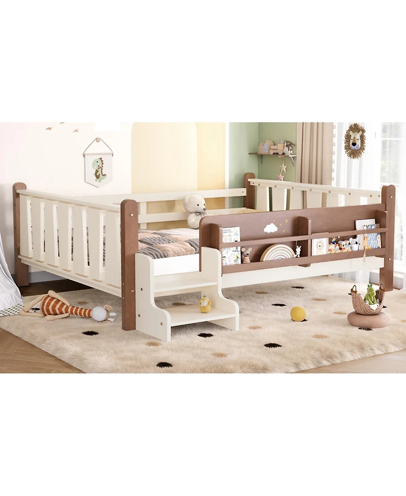 Streamdale Furniture Full Size Floor Bed with Storage Bookcases, Stairs, and Guardrails