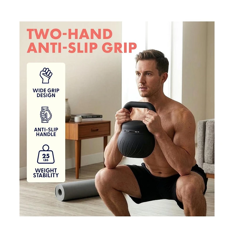 Squatz 25 lb Soft Kettlebell for Home Gym, Shock-Absorbing Floor-Safe Weight with Wide Non-Slip Handle