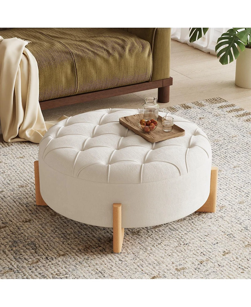 Streamdale Furniture 32" Round Tufted Chenille Ottoman with Solid Wood Legs