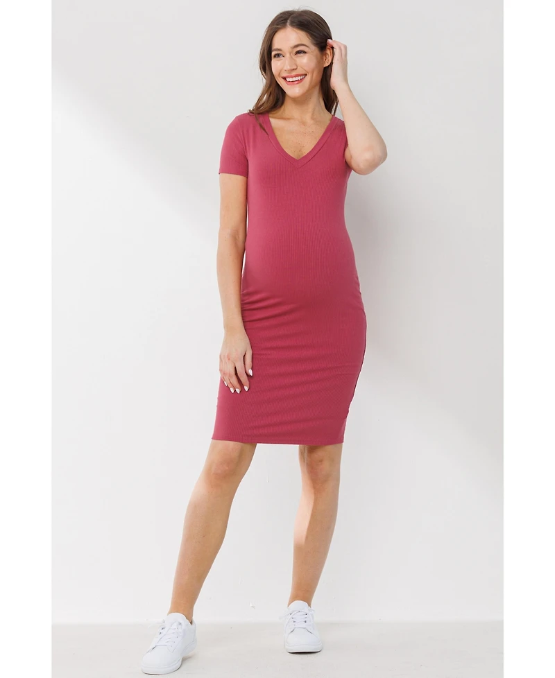 Hello Miz Women's Maternity Ribbed Bodycon Short Sleeve V-Neck Dress
