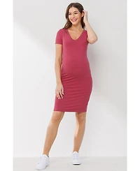 Hello Miz Women's Maternity Ribbed Bodycon Short Sleeve V-Neck Dress
