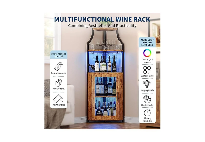 homfan Corner Bar Cabinet, Wine Cabinet with Adjustable Shelf and Glass Holder, 5-Tiers Storage Space Liquor