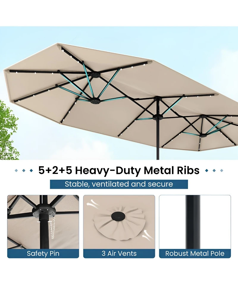 Double-sided Patio Umbrella with Solar Lights for Garden Pool Backyard