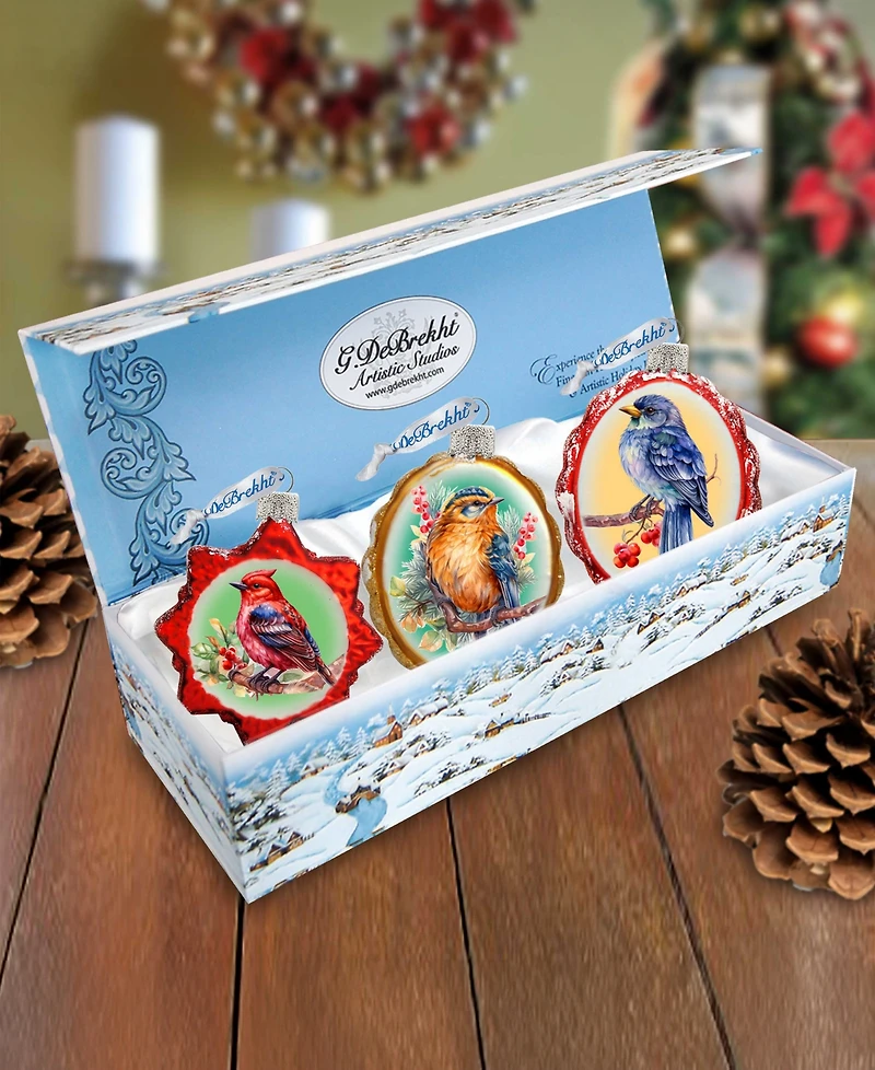 Designocracy Forest Birds Keepsake Mercury Glass Christmas Ornaments Set of 3 G. DeBrekht
