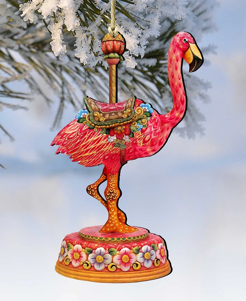 Designocracy Carousel Flamingo Holiday Wood Ornament