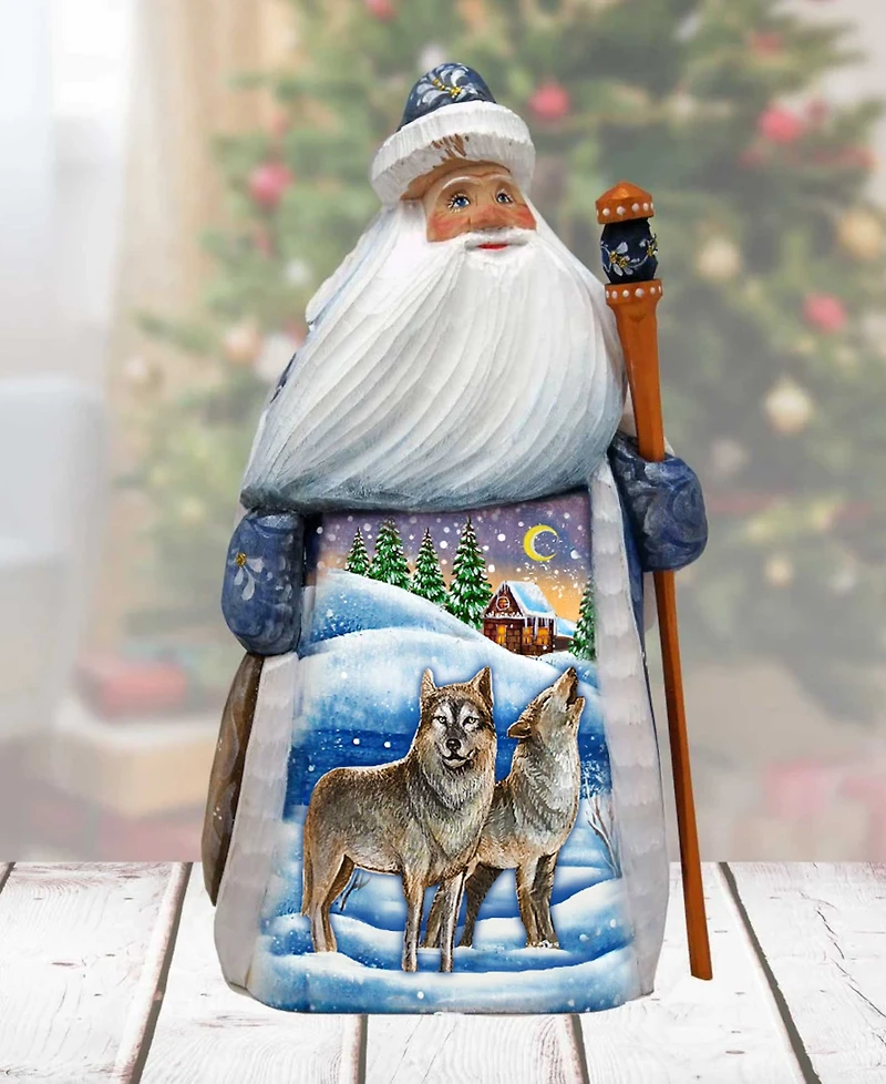 G.DeBrekht Woodcarved and Hand Painted Santa Wolf and Bird Figurine