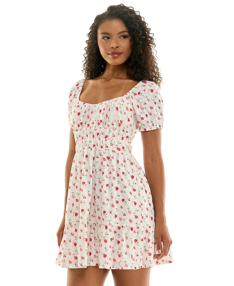 Kingston Grey Juniors' Floral Print Eyelet Puff-Sleeve Mini Dress