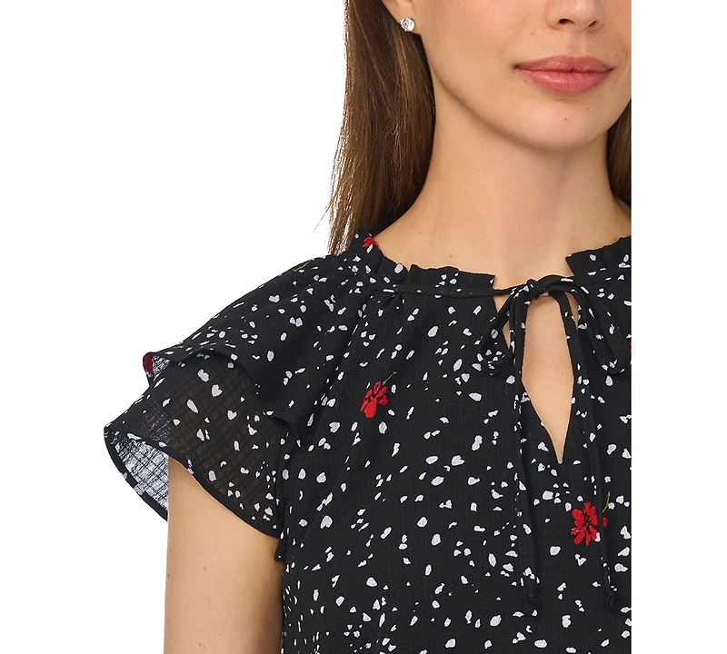 CeCe Women's Printed Flutter-Sleeve Tie Neck Top