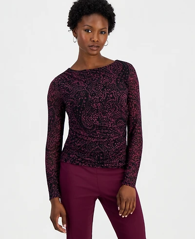 I.n.c. International Concepts Women's Petite Long-Sleeve Ruched Mesh Blouse, Macy's Exclusive