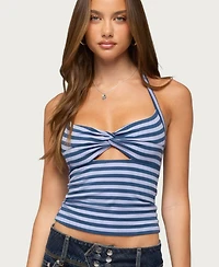 Edikted Women's Twist Front Cutout Striped Halter Top