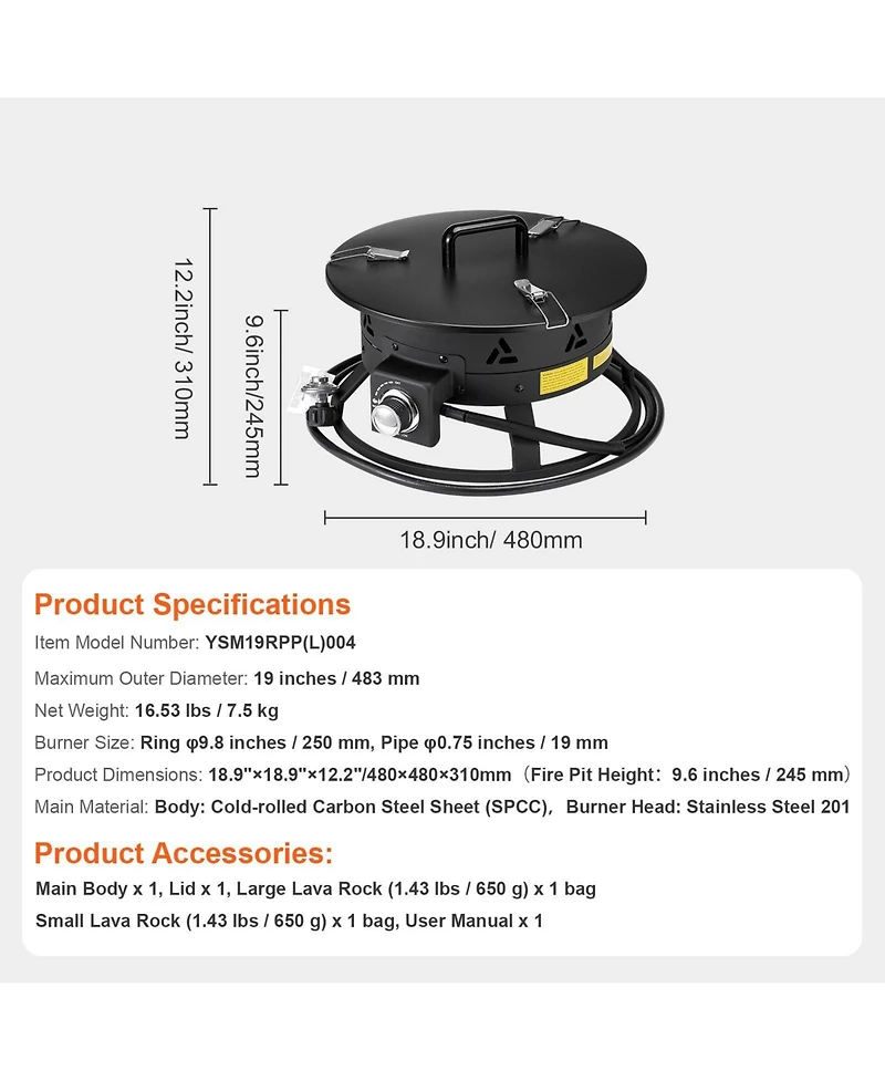 Cozito Propane Fire Pit, 19 in Portable Gas Fire Pit with Cover and Lava Rocks