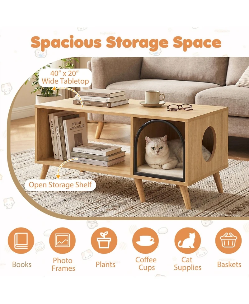 Cozito 40 inch Coffee Table Cat House 2-in-1 with Open Storage Shelf, Coffee