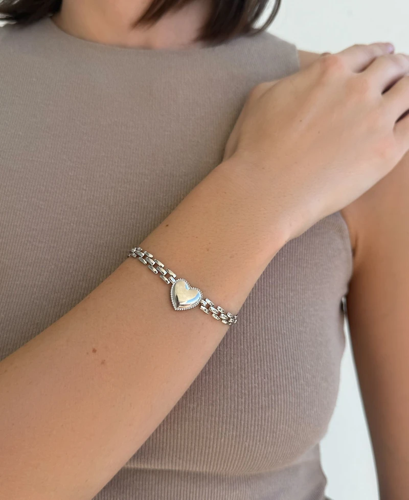 Adornia Tarnish Resistant Silver Heart Grid Chain Bracelet