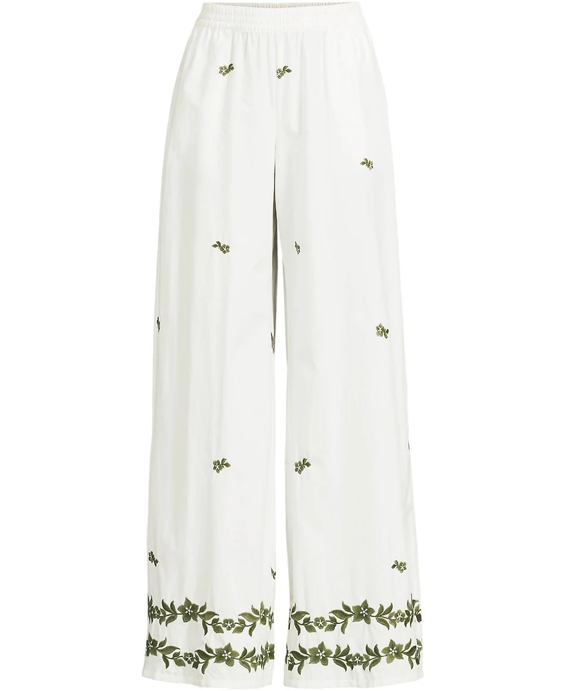 Lands' End Women's Poplin High Rise Extra Wide Leg Embroidered Pants