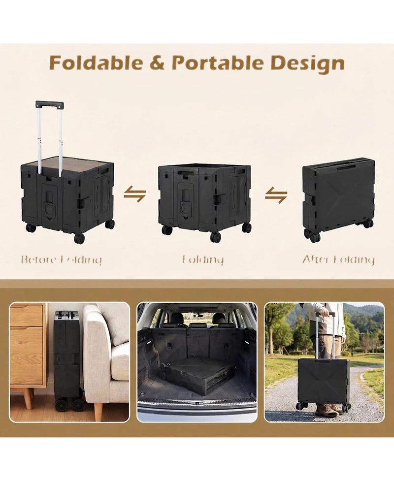 Gouun Foldable Rolling Utility Cart with Cup Holder and 4 Swivel Wheels Bin
