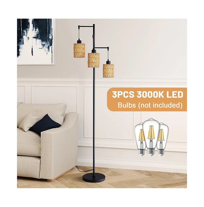 Sofucor 66-inch Modern Floor Lamps With Rattan Shade and Foot Switch