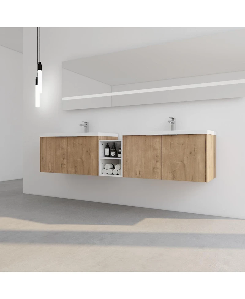 Sillysis Wall Mounted Double Bathroom Vanity with Resin Sinks, Plywood Cabinets and Open Storage for Modern Bathrooms