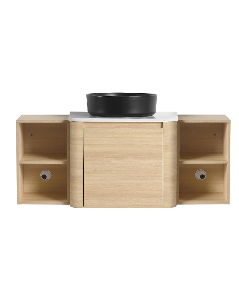 Sillysis Wall Mounted Bathroom Vanity with Ceramic Vessel Sink, Stone Top and Storage Shelves for Modern Bathrooms