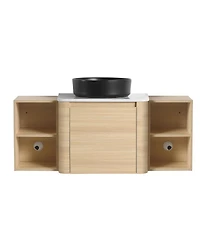 Sillysis Wall Mounted Bathroom Vanity with Ceramic Vessel Sink, Stone Top and Storage Shelves for Modern Bathrooms
