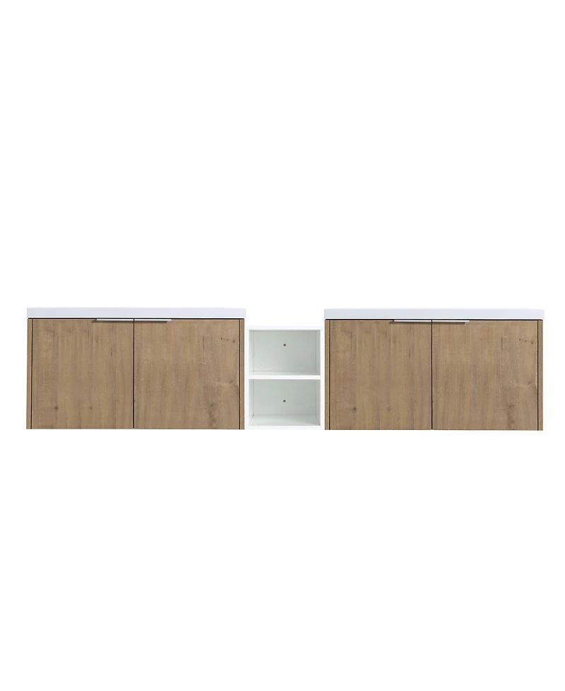 Sillysis Wall Mounted Double Bathroom Vanity with Resin Sinks, Plywood Cabinets and Open Storage for Modern Bathrooms