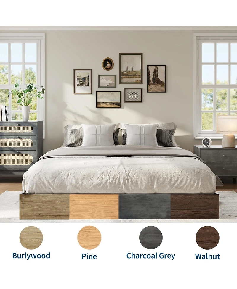 homfan Wood Platform Bed with Wooden Slats, Floor-Standing Frame, Modern Minimalist Space-Saving No Box Spring Needed, Easy Assembly
