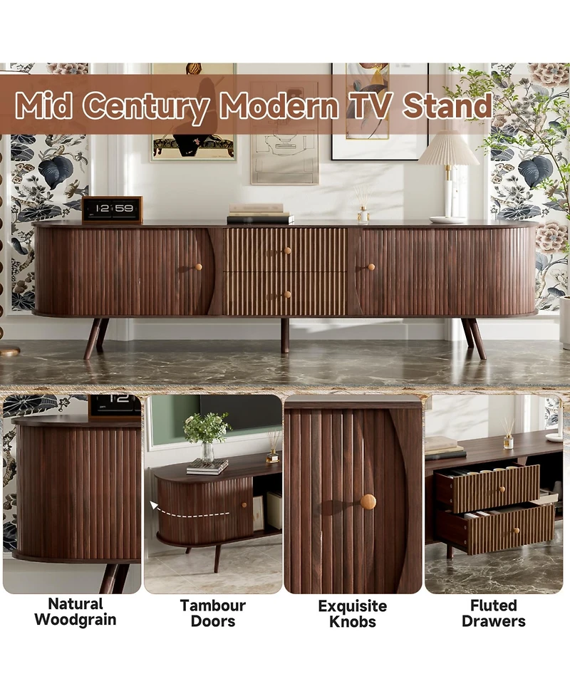 Rainsken 70inch Fluted Tv Stand for TVs Up to 80inch, with Tambour Doors, Fluted Drawers, Modern Curved Media Console, for Living Room, Bedroom