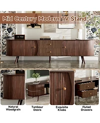 Rainsken 70inch Fluted Tv Stand for TVs Up to 80inch, with Tambour Doors, Fluted Drawers, Modern Curved Media Console, for Living Room, Bedroom