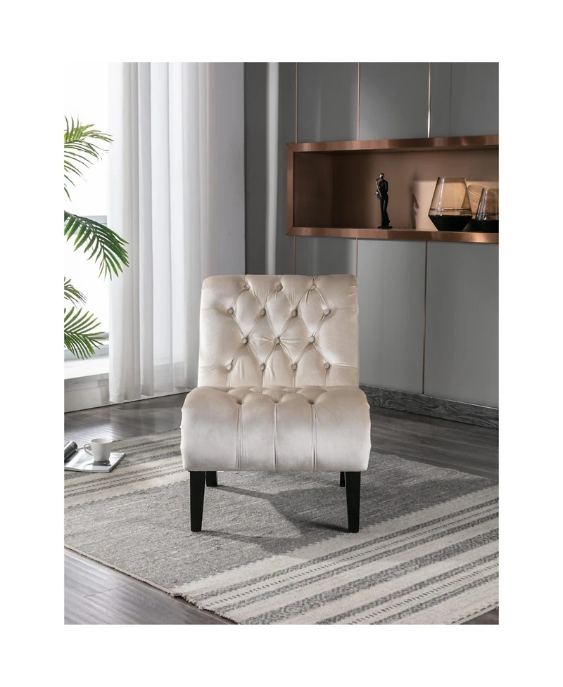 Rainsken Comfy Velvet Accent Chair, with Tufted Backrest, Upholstered Armless Side Solid Rubber Wood Legs, for Bedroom, Living Room
