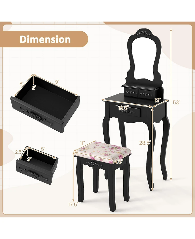 Volenca 3-Drawer Makeup Vanity Set with Fan-Shape Mirror, Cushioned Stool, Black