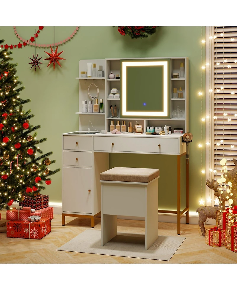 Volenca Vanity Desk with 3-Mode Lighting, Cabinet, and Stool, Trim