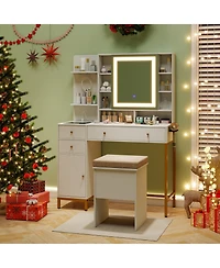 Volenca Vanity Desk with 3-Mode Lighting, Cabinet, and Stool, Trim