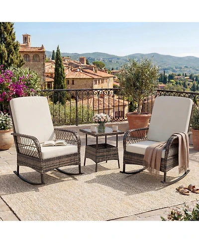 gaomon 3-Piece Patio Furniture Set 2 Rocking Chairs and Glass Table, Outdoor Wicker Seating