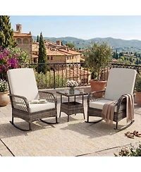 gaomon 3-Piece Patio Furniture Set 2 Rocking Chairs and Glass Table, Outdoor Wicker Seating