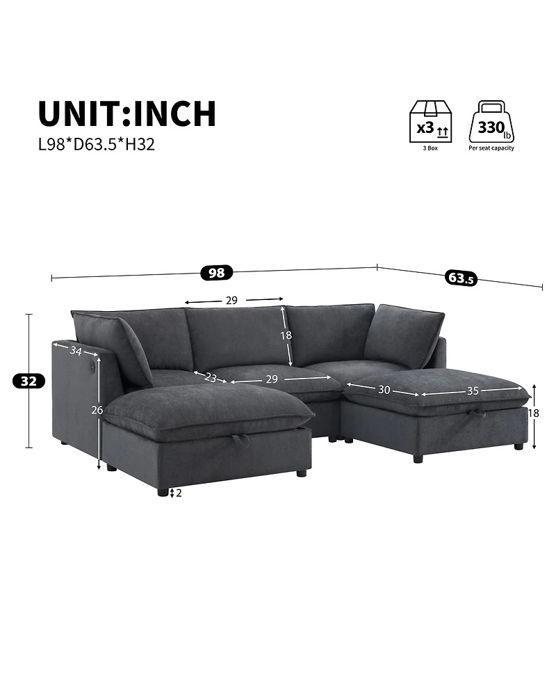 Streamdale Furniture 98'' Modular U-Shaped Sectional Sofa with Storage Ottoman and Charging Ports