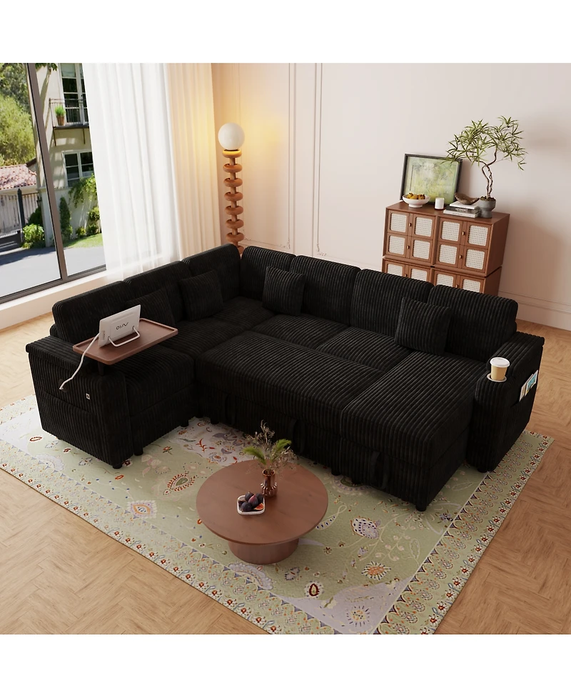 Streamdale Furniture 100'' U-Shaped Corduroy Sofa Bed with Usb Storage and Cup Holders