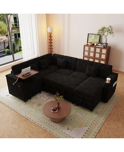 Streamdale Furniture 100'' U-Shaped Corduroy Sofa Bed with Usb Storage and Cup Holders
