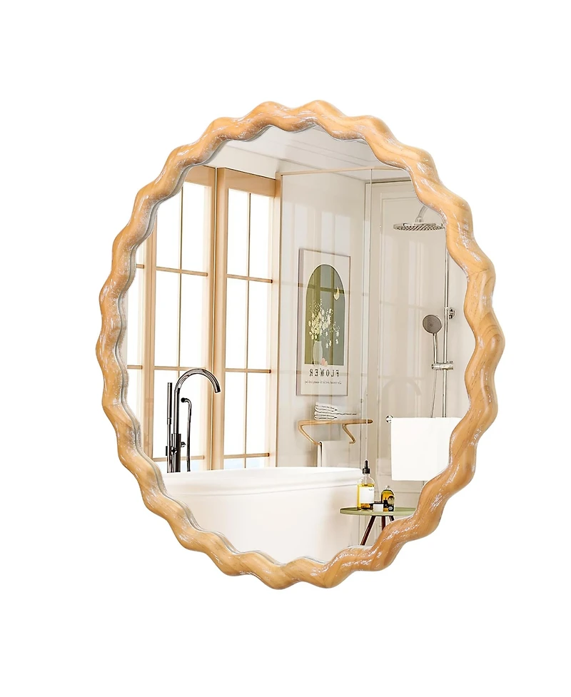 Midola 27.5" Round Wavy Wall Mirror for Bathroom Vanity, Wooden Farmhouse Circle Mirrors for Bedroom, Entryway, Living Room, Kitchen