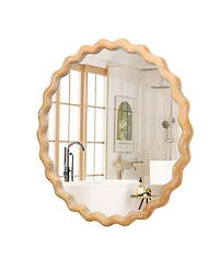 Midola 27.5" Round Wavy Wall Mirror for Bathroom Vanity, Wooden Farmhouse Circle Mirrors for Bedroom, Entryway, Living Room, Kitchen