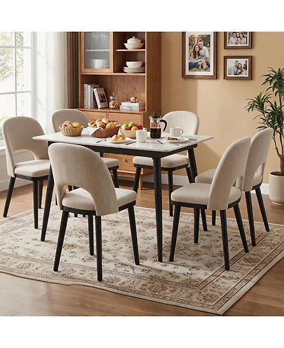 homfan Set of 6 Upholstered Dining Chairs - Modern Linen Side Chairs - Thick Cushions, Curved Backrest - Sturdy Wood Legs - For Dining Room, Kitchen