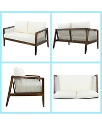 Asagikoiai Outdoor Acacia Wood Rope Patio Sofa Set with Water Repellent Cushions