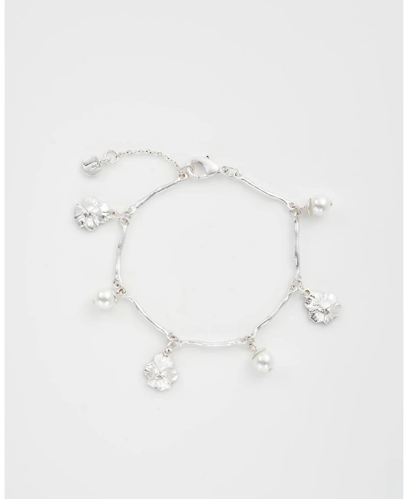 Fable England Silver Pansy and Pearl Charm Bracelet