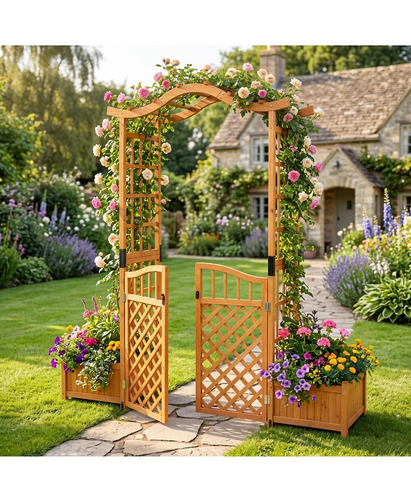 Gouun 83 in Wooden Garden Arbor with Gate and 2 Side Planter Boxes