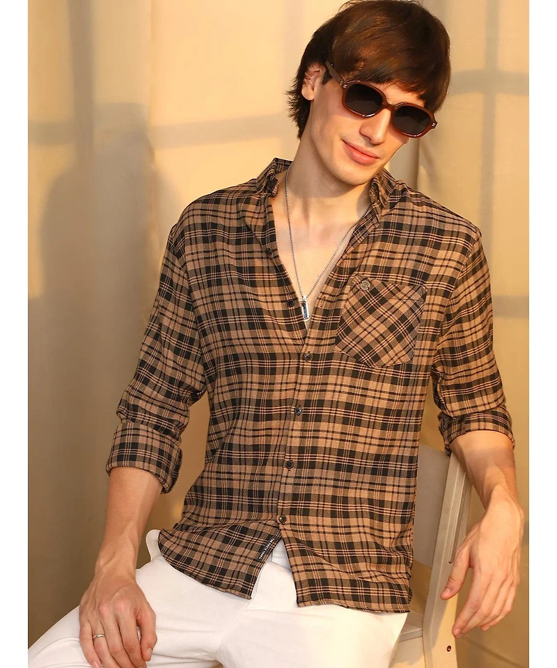 Campus Sutra Men's Tan Brown & Charcoal Black Tartan Plaid Shirt