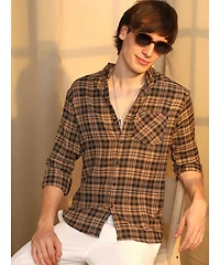 Campus Sutra Men's Tan Brown & Charcoal Black Tartan Plaid Shirt