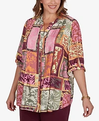 Ruby Rd. Plus Tropical Patchwork Voile Button Front Top