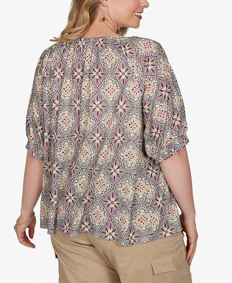 Ruby Rd. Plus Desert Geo Print Lace Trim Knit Top