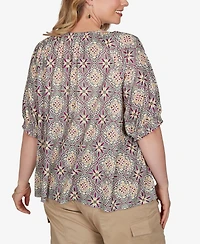 Ruby Rd. Plus Desert Geo Print Lace Trim Knit Top