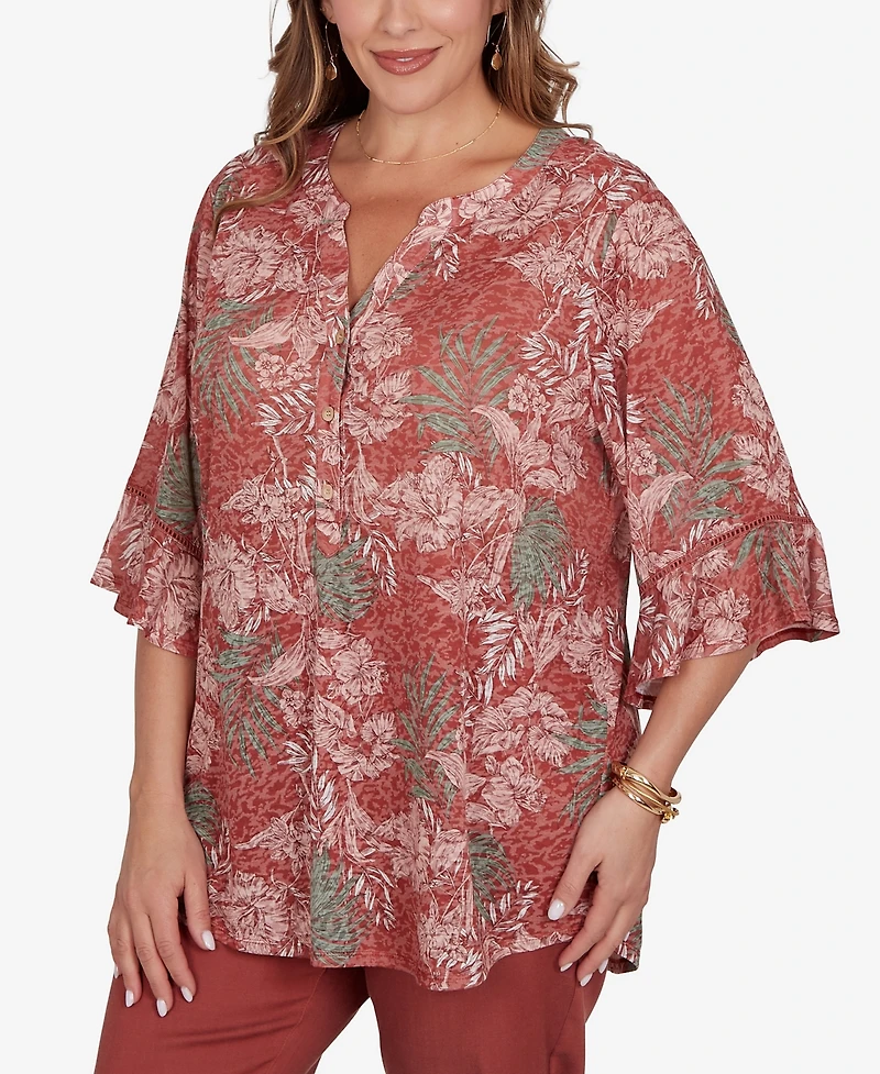 Ruby Rd. Plus Tropical Floral Burnout Split Neck Top