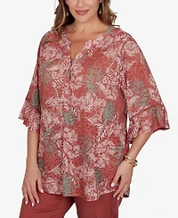 Ruby Rd. Plus Tropical Floral Burnout Split Neck Top